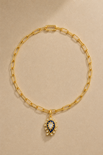 Gold Paperclip Chain & Lapis Paisley Evil Eye Charm