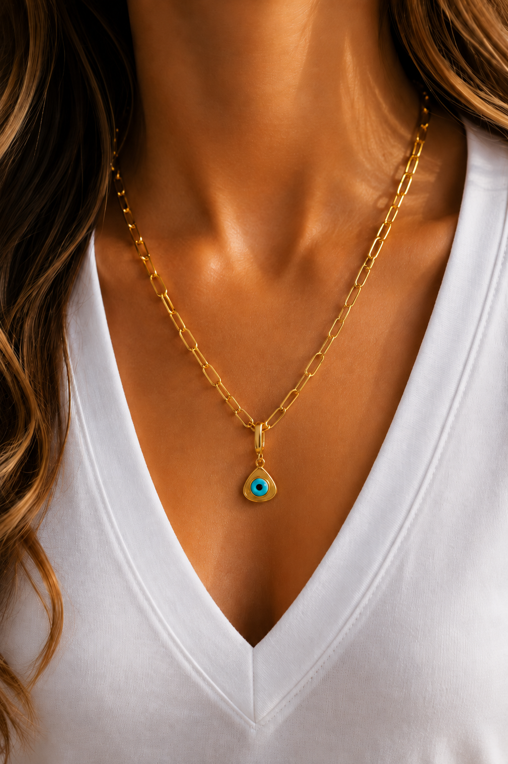 Gold Paperclip Chain & Triangle Evil Eye Charm