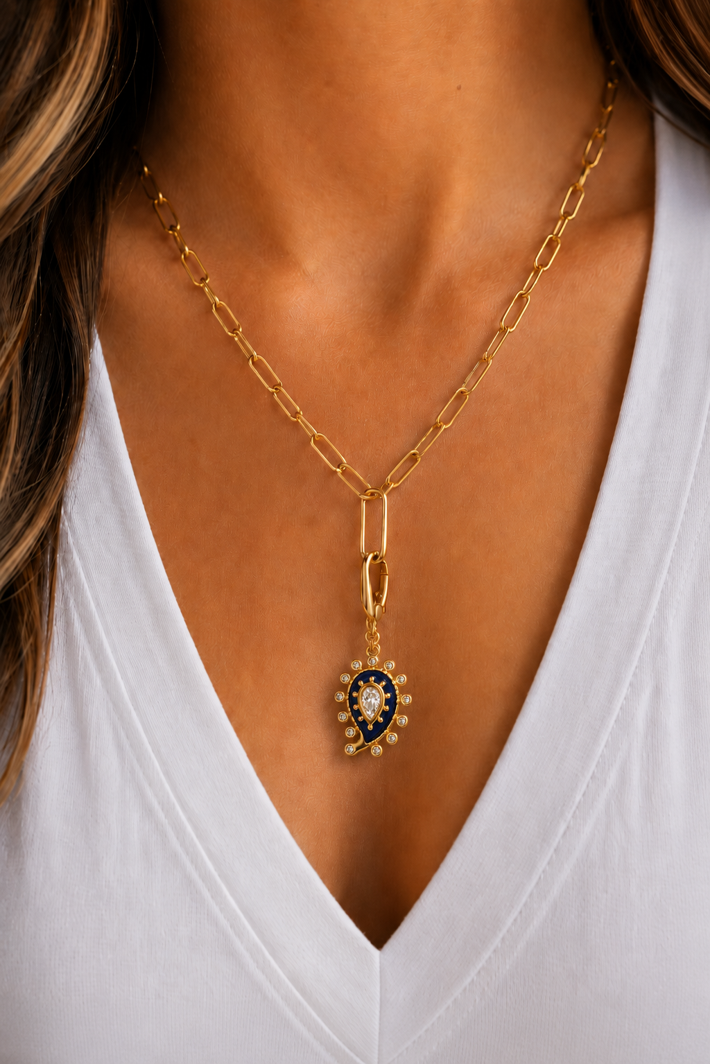 Gold Paperclip Chain & Lapis Paisley Evil Eye Charm