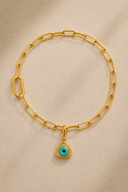 Gold Paperclip Bracelet / Anklet & Triangle Evil Eye Charm
