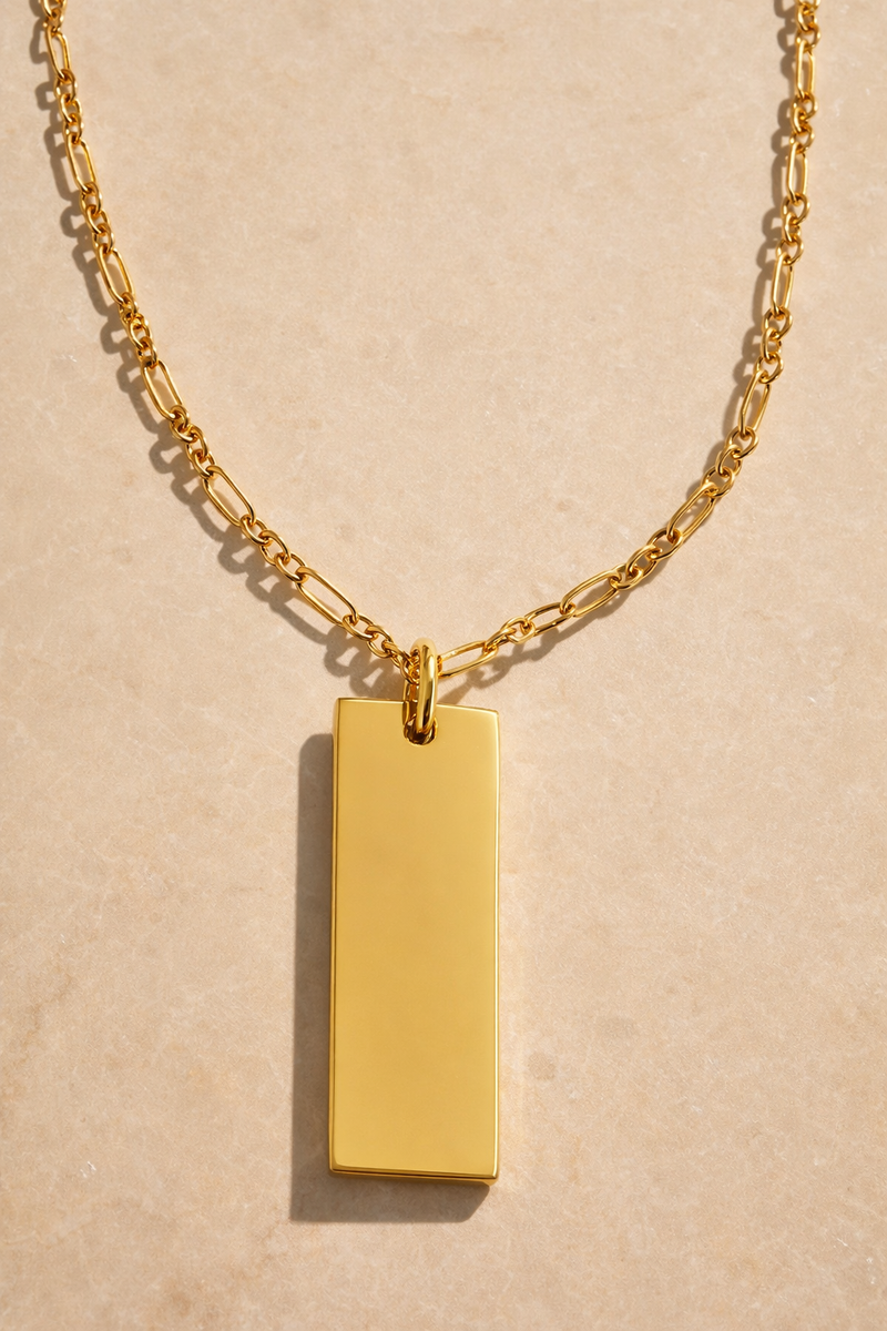 Personalised medium dog tag necklace on Catalina gold vermeil chain – front view