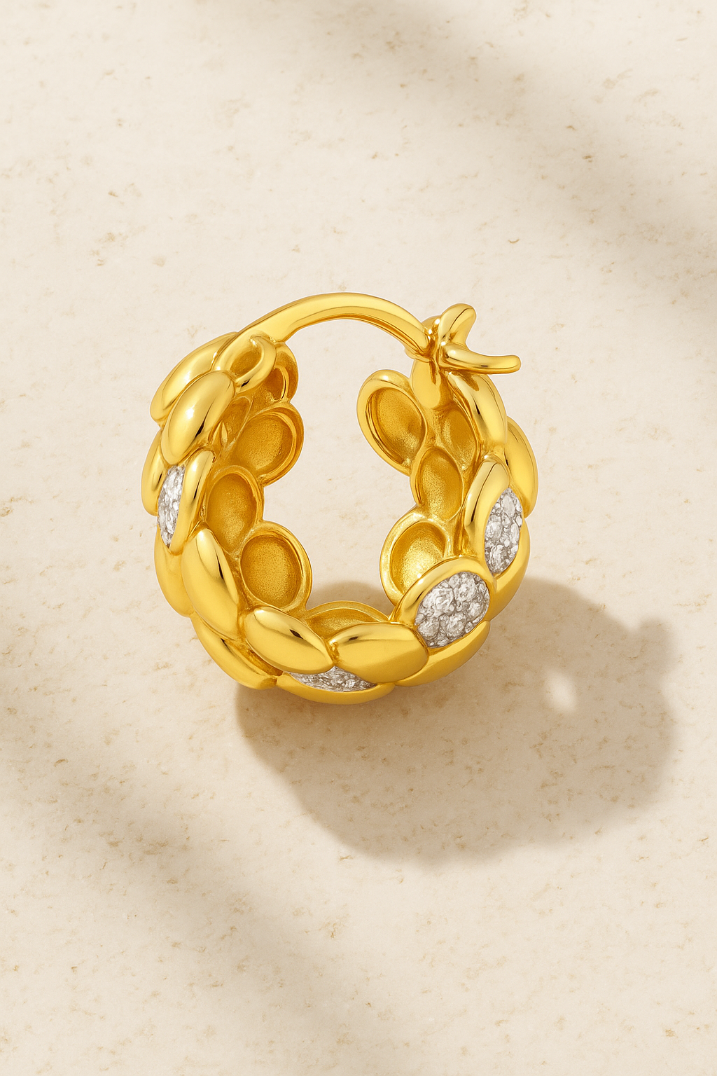 Rear view of Leona Gold Huggie Earring showing 925 sterling silver base with 18ct gold plating and detailed pavé stonework.
