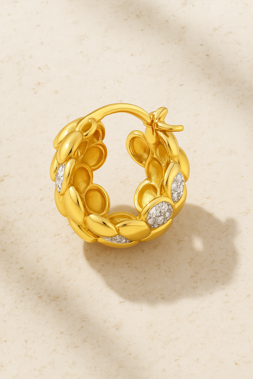 Rear view of Leona Gold Huggie Earring showing 925 sterling silver base with 18ct gold plating and detailed pavé stonework.
