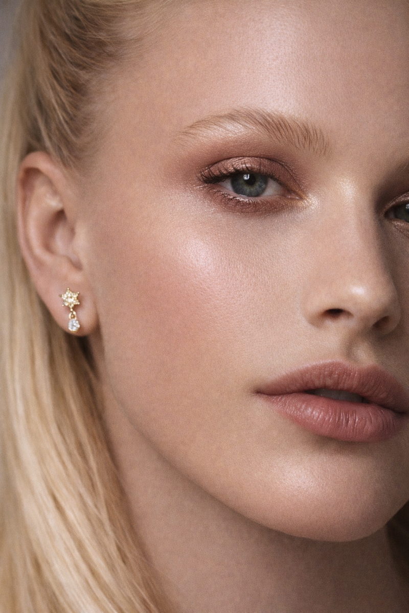 Close-up model wearing Romy gold stud earring in curated ear, classy cute ear piercings and top jewellery trends