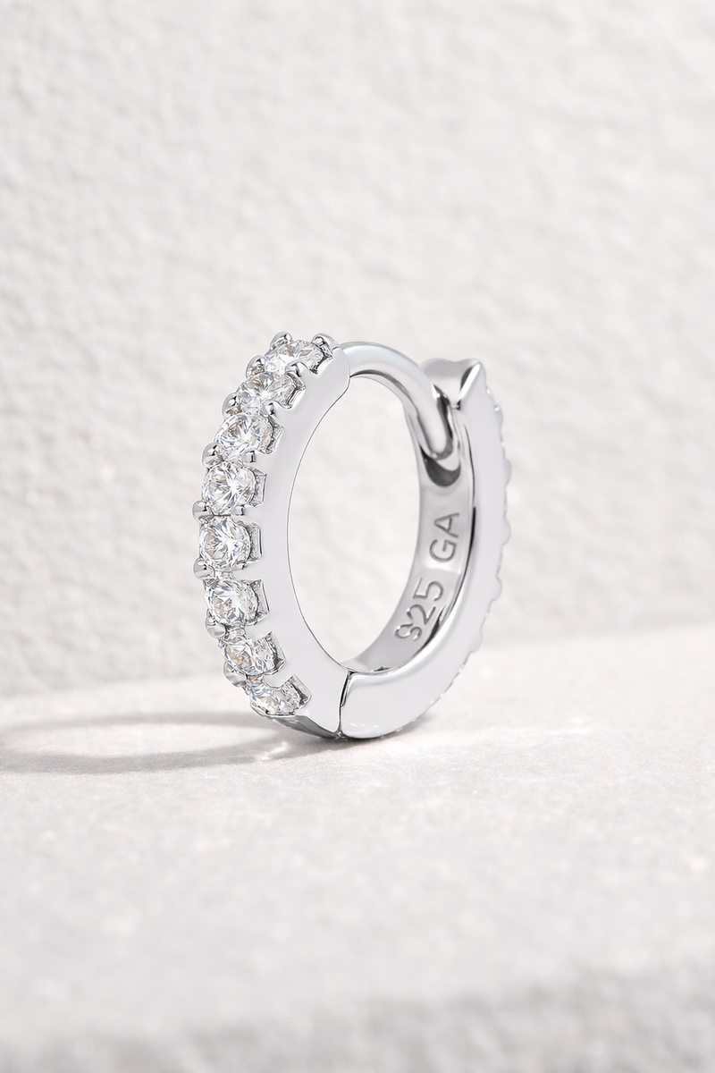 Simple 8.5mm sterling silver pave huggie
