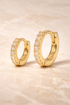Double ear piercing gold vermeil pavé huggie set with 6.5mm and 8.5mm hoops and white CZ stones