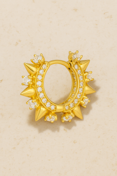 Spina Gold Huggie Earring in sculptural 18ct gold plating with spikes and CZ pavé stones, designed by Galleria Armadoro.
