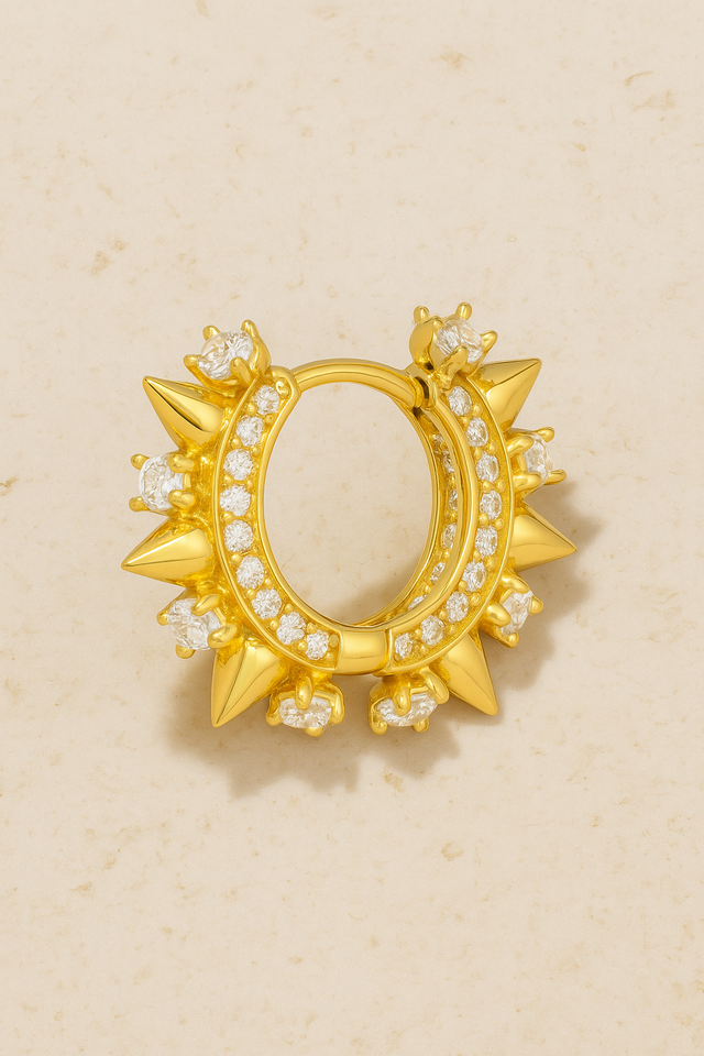 Spina Gold Huggie Earring in sculptural 18ct gold plating with spikes and CZ pavé stones, designed by Galleria Armadoro.
