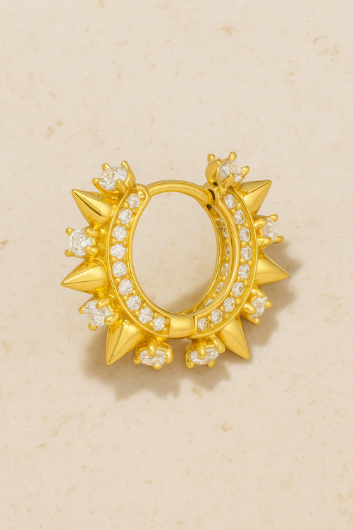 Spina Gold Huggie Earring in sculptural 18ct gold plating with spikes and CZ pavé stones, designed by Galleria Armadoro.

