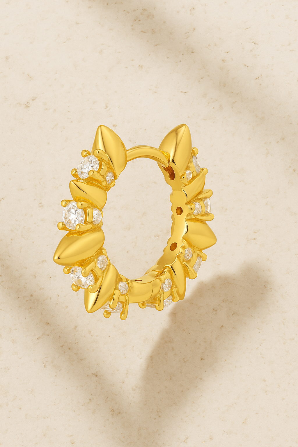 Spinetta Gold Huggie Earring — 18ct gold-plated sterling silver hoop featuring thorn-like details and hand-set pavé stones.
