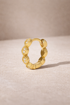 Tasha 8.5mm gold vermeil huggie earring with white CZ stones, single hoop, front view -->
