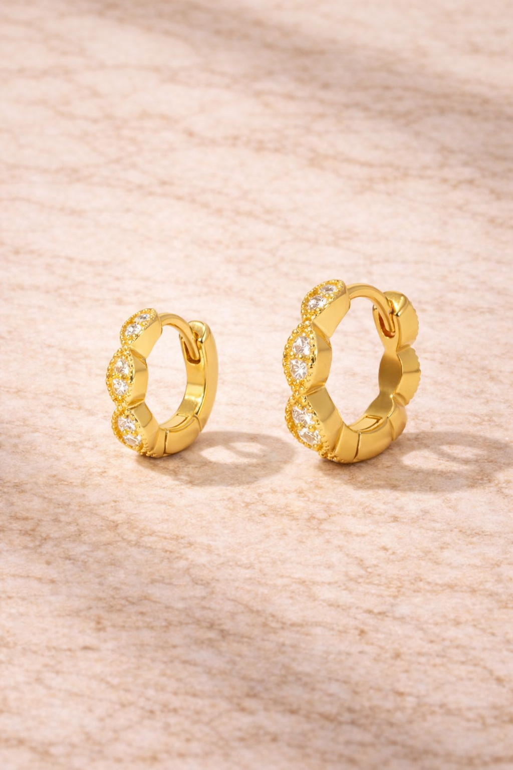 Double ear piercing gold vermeil pavé huggie set with 6.5mm and 8.5mm Tasha mini hoops
