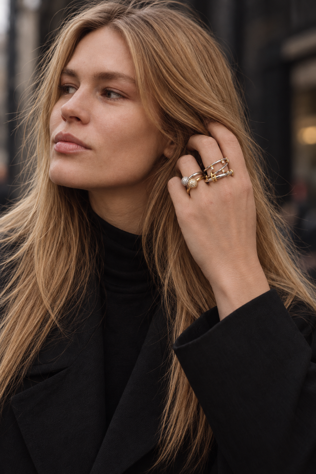 Mixed-metal ring stack by Galleria Armadoro featuring Lumi and Cara rings styled together with gold, silver and pavé details.