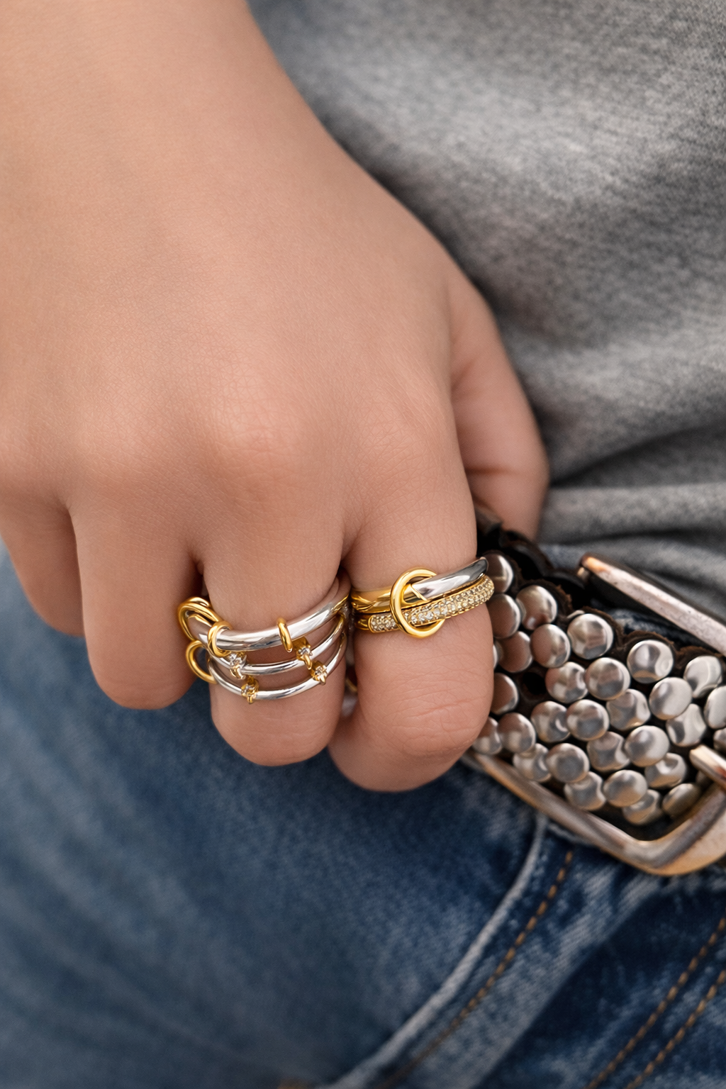 Mixed-metal ring stack by Galleria Armadoro featuring the Nora and Clara Rings in polished silver and gold with pavé detailing.