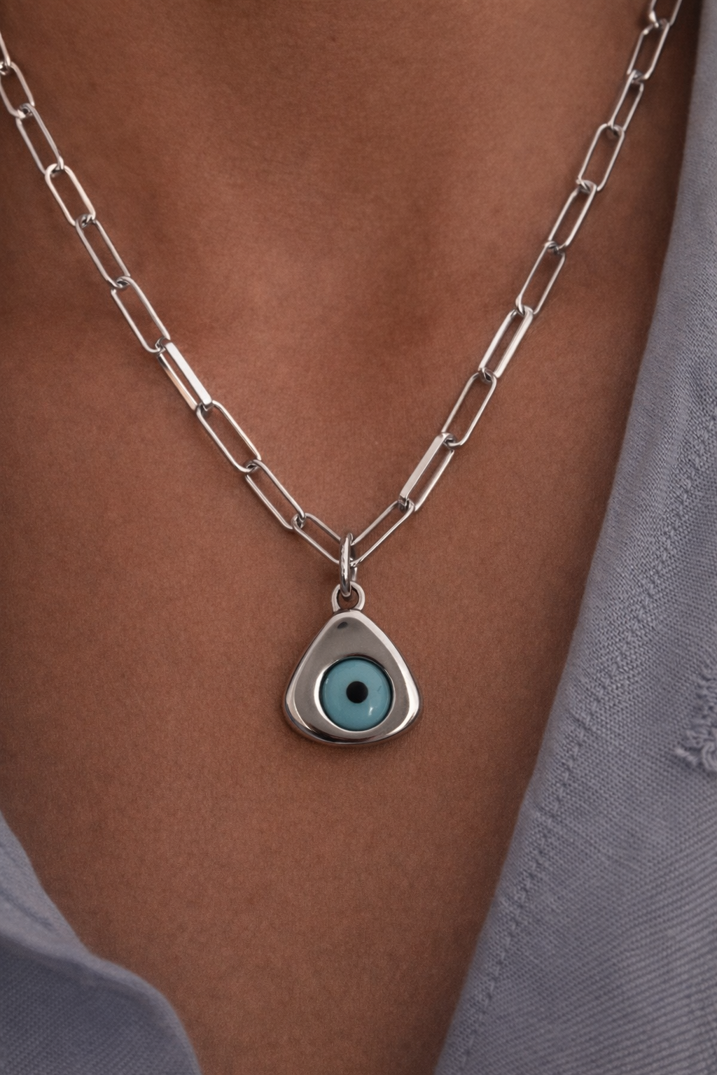 Triangle Evil Eye Charm Necklace - Silver