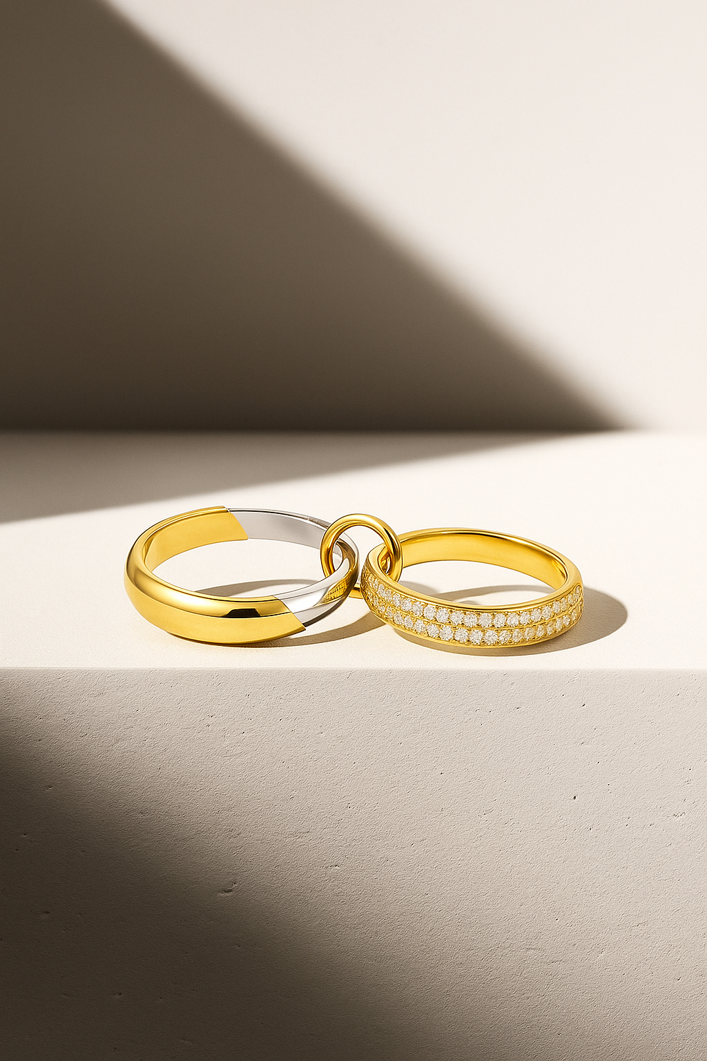 Two-tone Nora Speira linked pavé ring with gold and silver bands on sunlit architectural plinth.