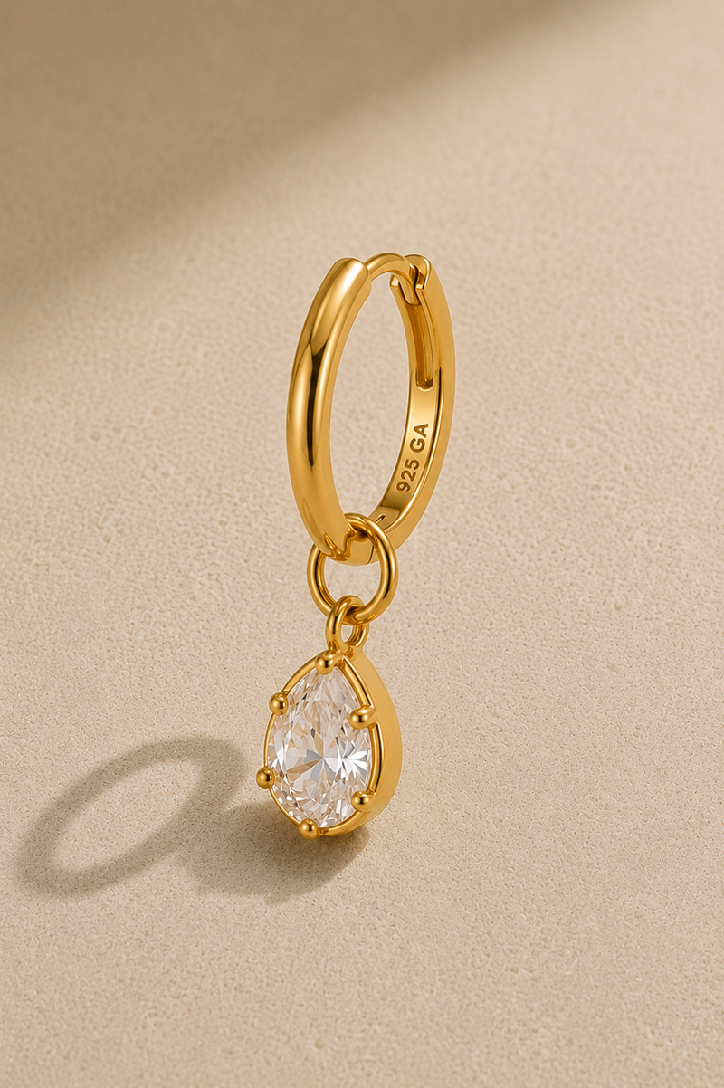 11mm gold huggie earring with Vittoria gold teardrop crystal charm