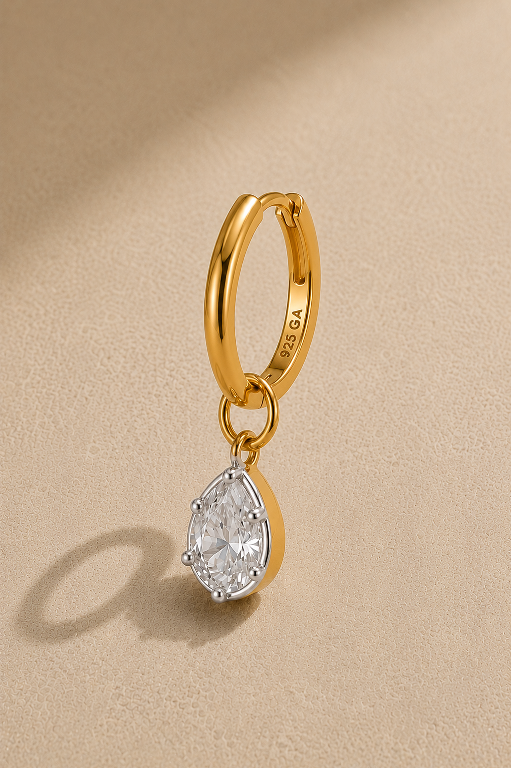 11mm gold huggie earring with Vittoria silver and gold teardrop crystal charm