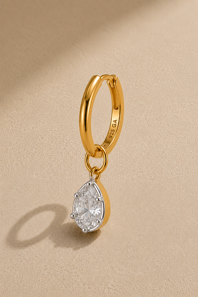 11mm gold huggie earring with Vittoria silver and gold teardrop crystal charm