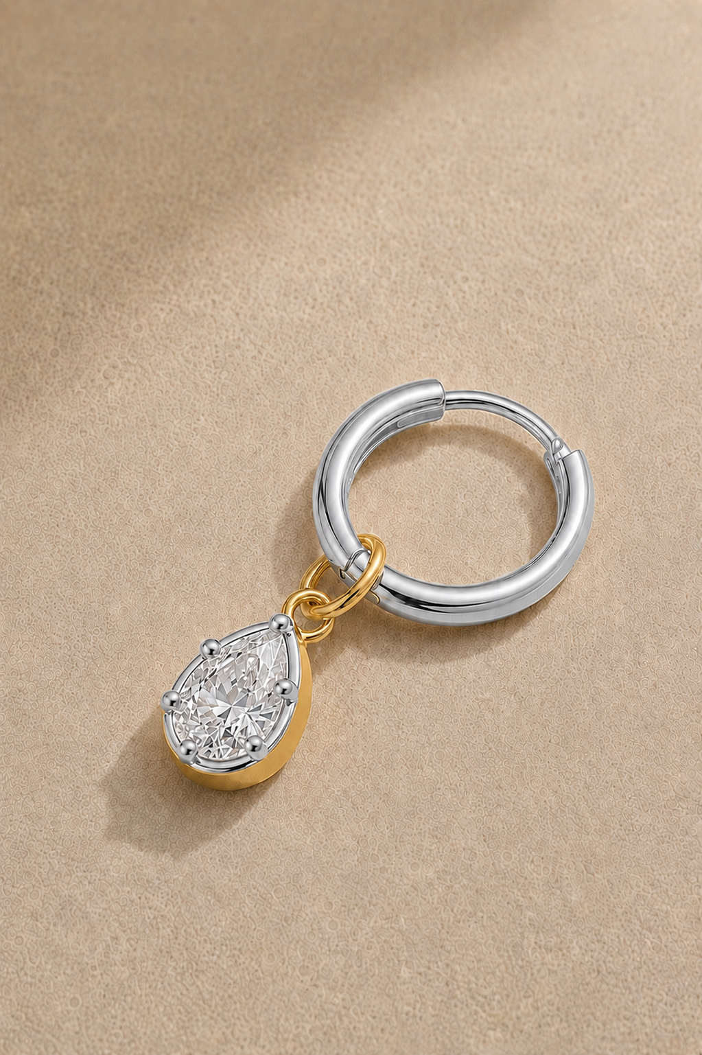 11mm silver huggie earring with Vittoria silver and gold teardrop crystal charm