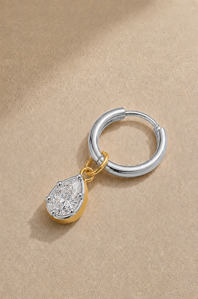 11mm silver huggie earring with Vittoria silver and gold teardrop crystal charm