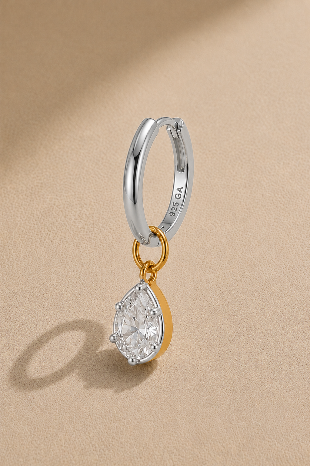 11mm silver huggie earring with Vittoria silver and gold teardrop crystal charm
