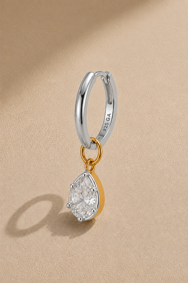 11mm silver huggie earring with Vittoria silver and gold teardrop crystal charm