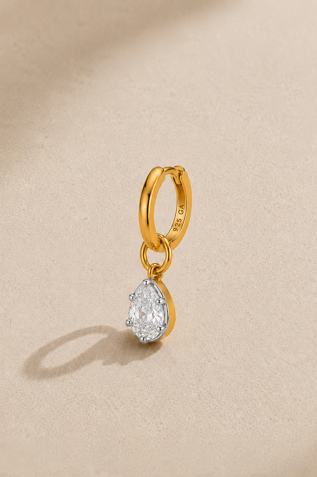 6.5mm gold huggie earring with Vittoria silver and gold teardrop crystal charm