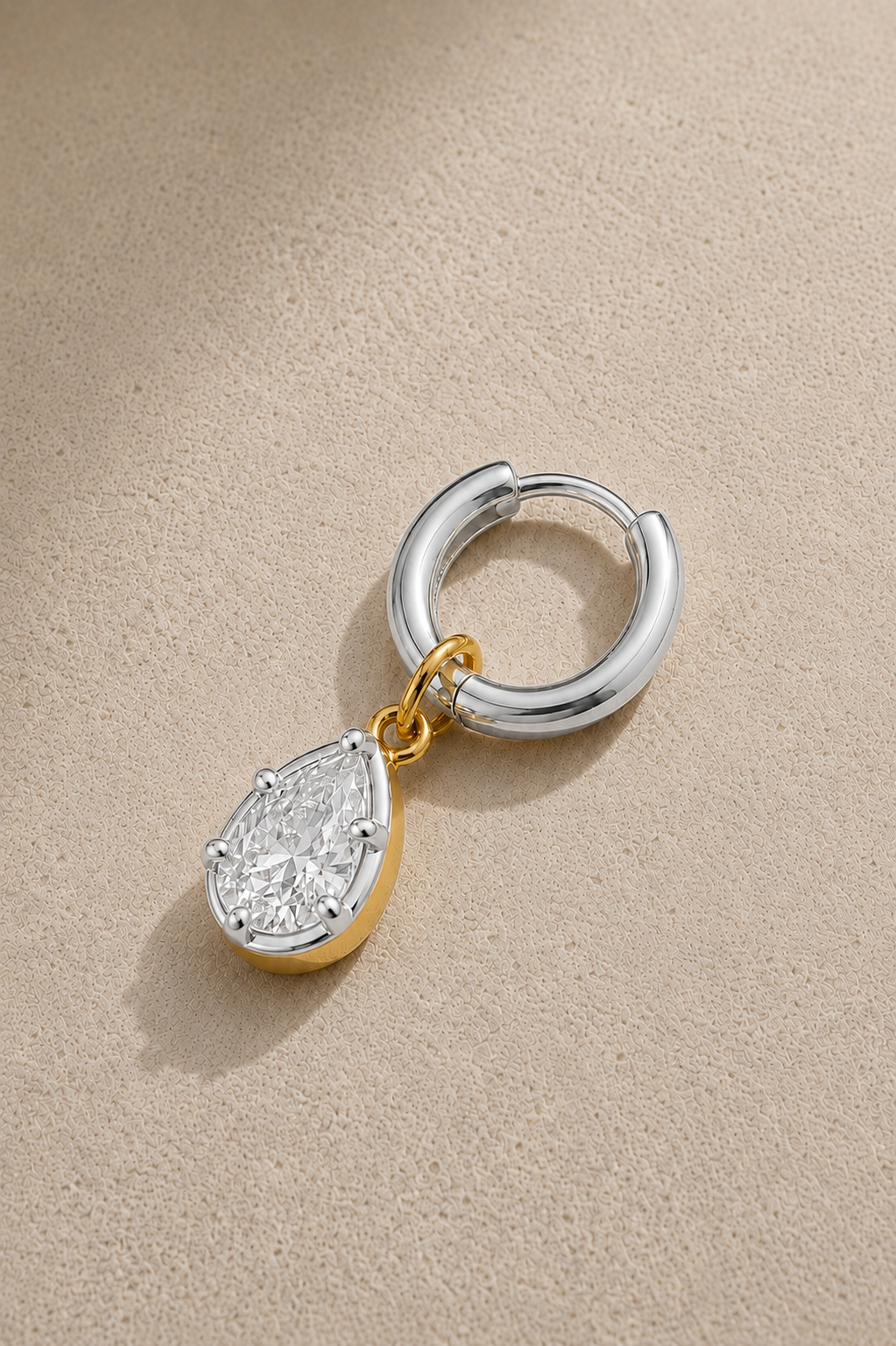 6.5mm silver huggie earring with Vittoria silver and gold teardrop crystal charm