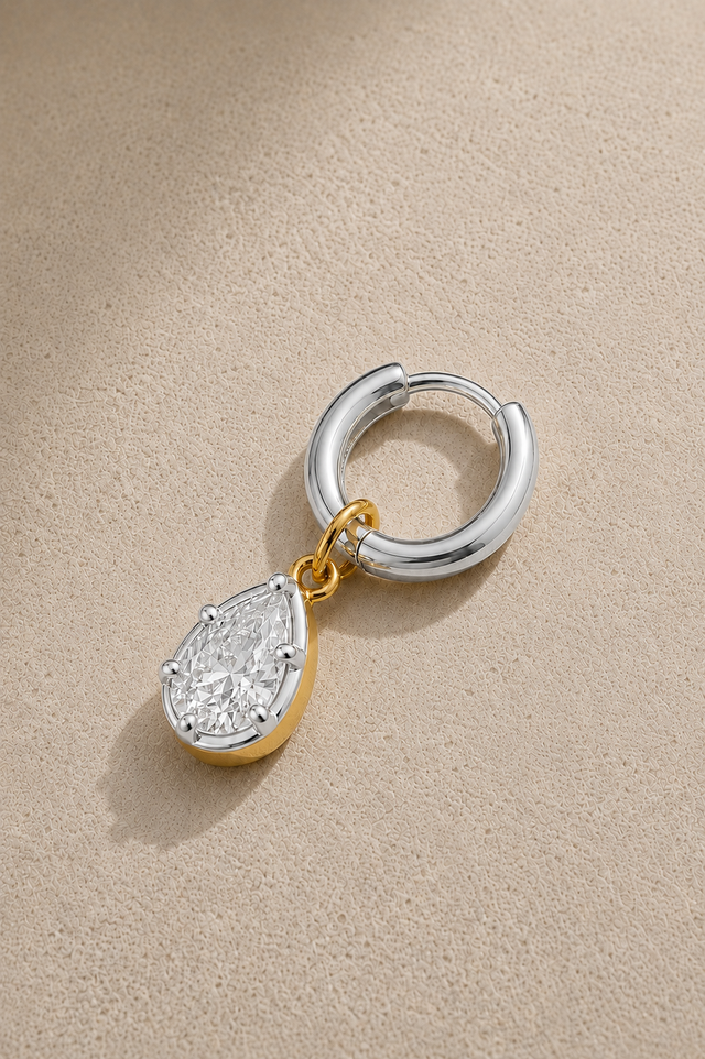 6.5mm silver huggie earring with Vittoria silver and gold teardrop crystal charm