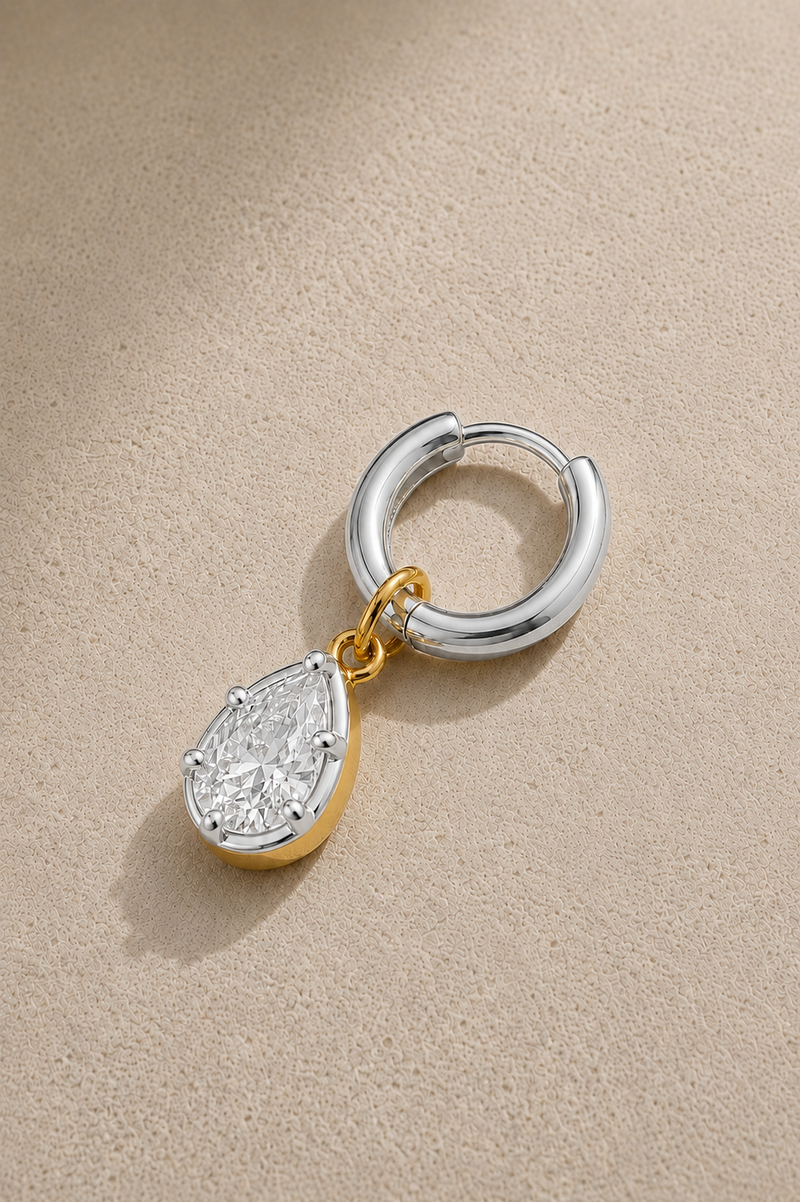 6.5mm silver huggie earring with Vittoria silver and gold teardrop crystal charm