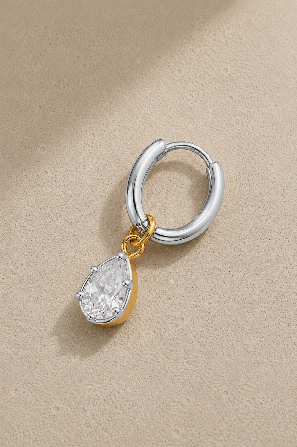 8.5mm silver huggie earring with Vittoria silver and gold teardrop crystal charm