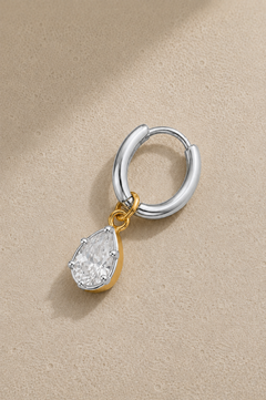 8.5mm silver huggie earring with Vittoria silver and gold teardrop crystal charm