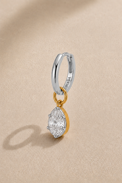 8.5mm silver huggie earring with Vittoria silver and gold teardrop crystal charm