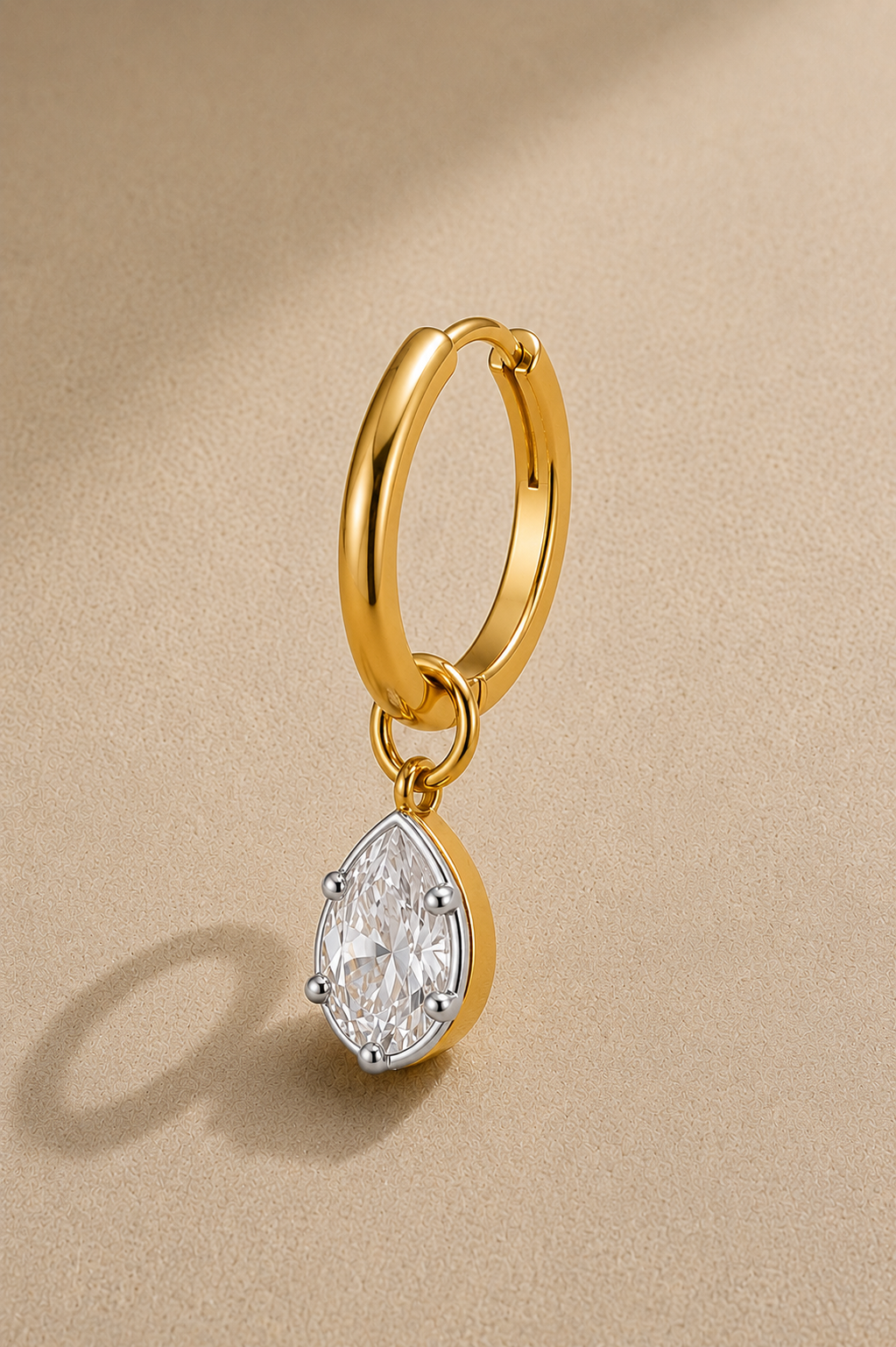 12.5mm gold huggie earring with Vittoria silver and gold teardrop crystal charm