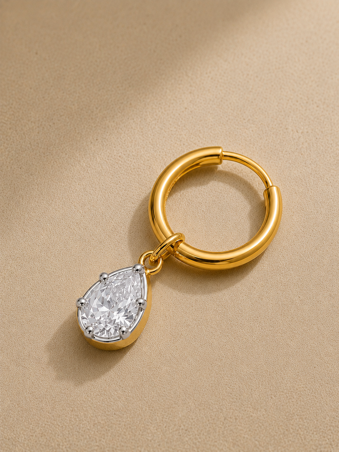 12.5mm gold huggie earring with Vittoria silver and gold teardrop crystal charm