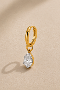 8.5mm gold huggie earring with Vittoria silver and gold teardrop crystal charm
