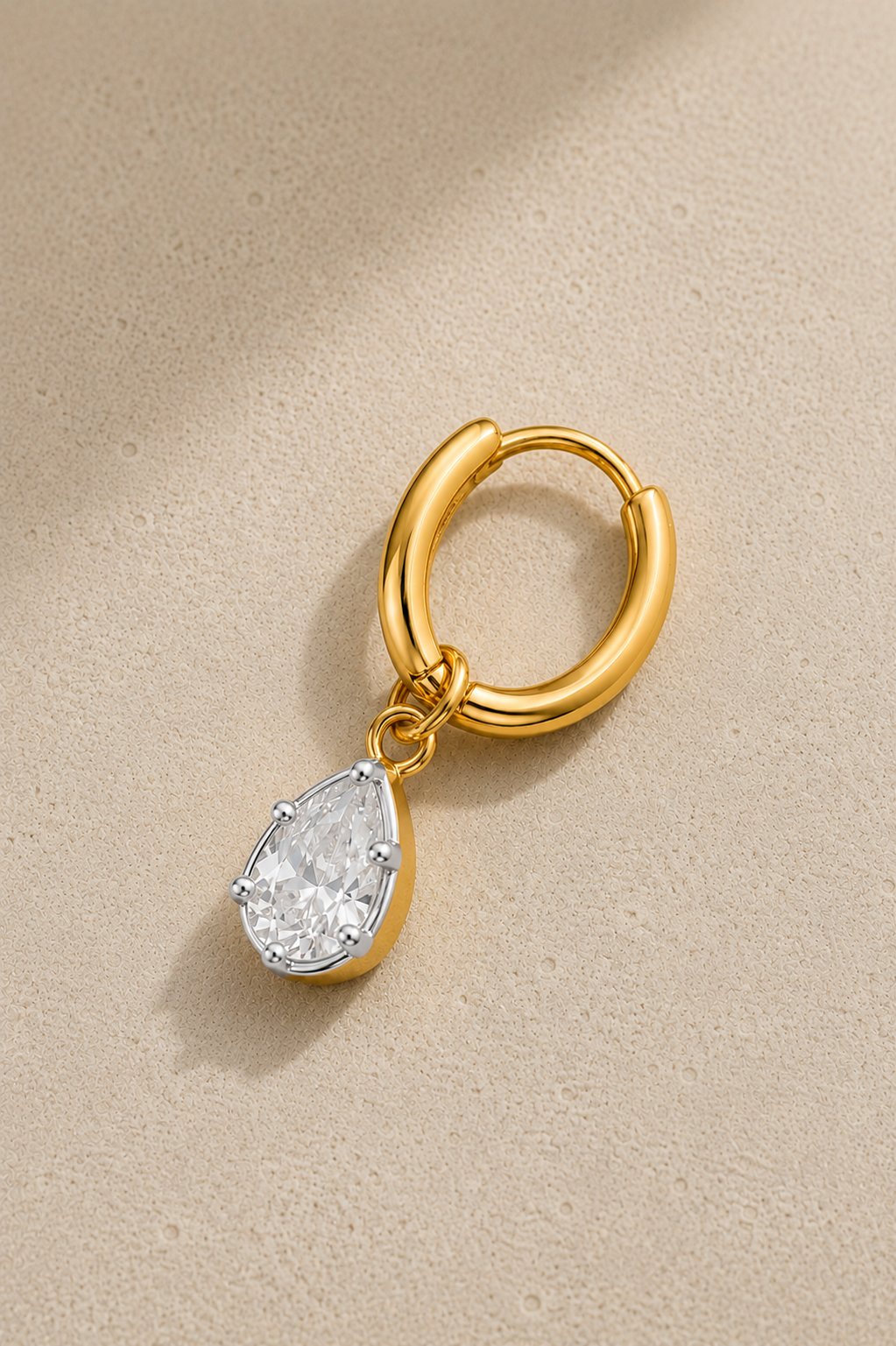 8.5mm gold huggie earring with Vittoria silver and gold teardrop crystal charm