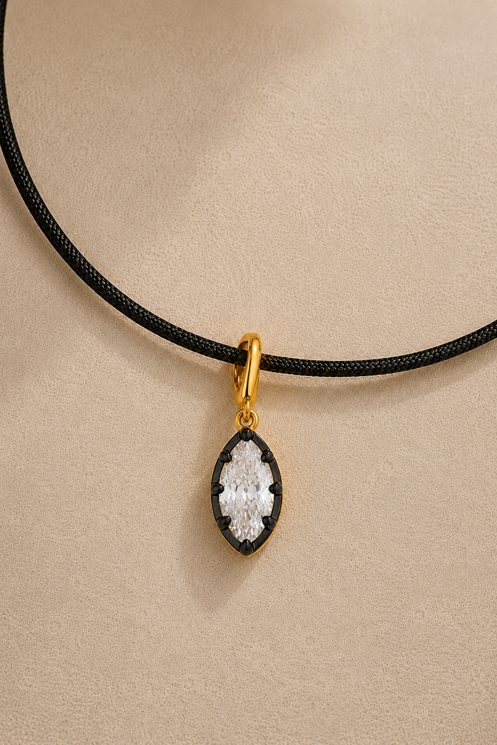 Adjustable black cord necklace with Vittoria gold and black marquise crystal charm