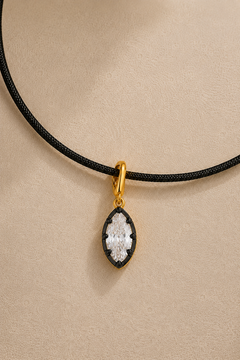 Adjustable black cord necklace with Vittoria gold and black marquise crystal charm