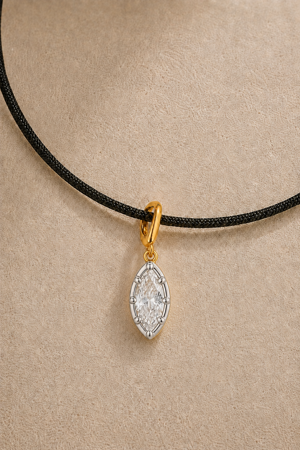 Vittoria marquise crystal hook charm in white rhodium and gold on black cord