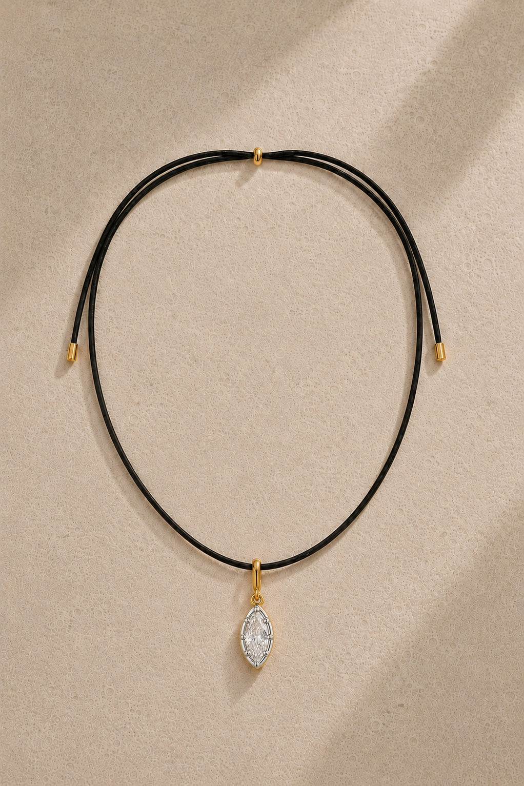 Adjustable black cord necklace with Vittoria silver and gold marquise crystal charm