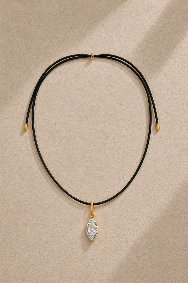 Adjustable black cord necklace with Vittoria silver and gold marquise crystal charm