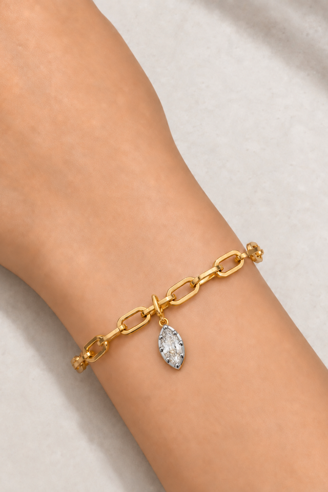 Cara chunky gold bracelet with Vittoria silver and gold marquise crystal charm