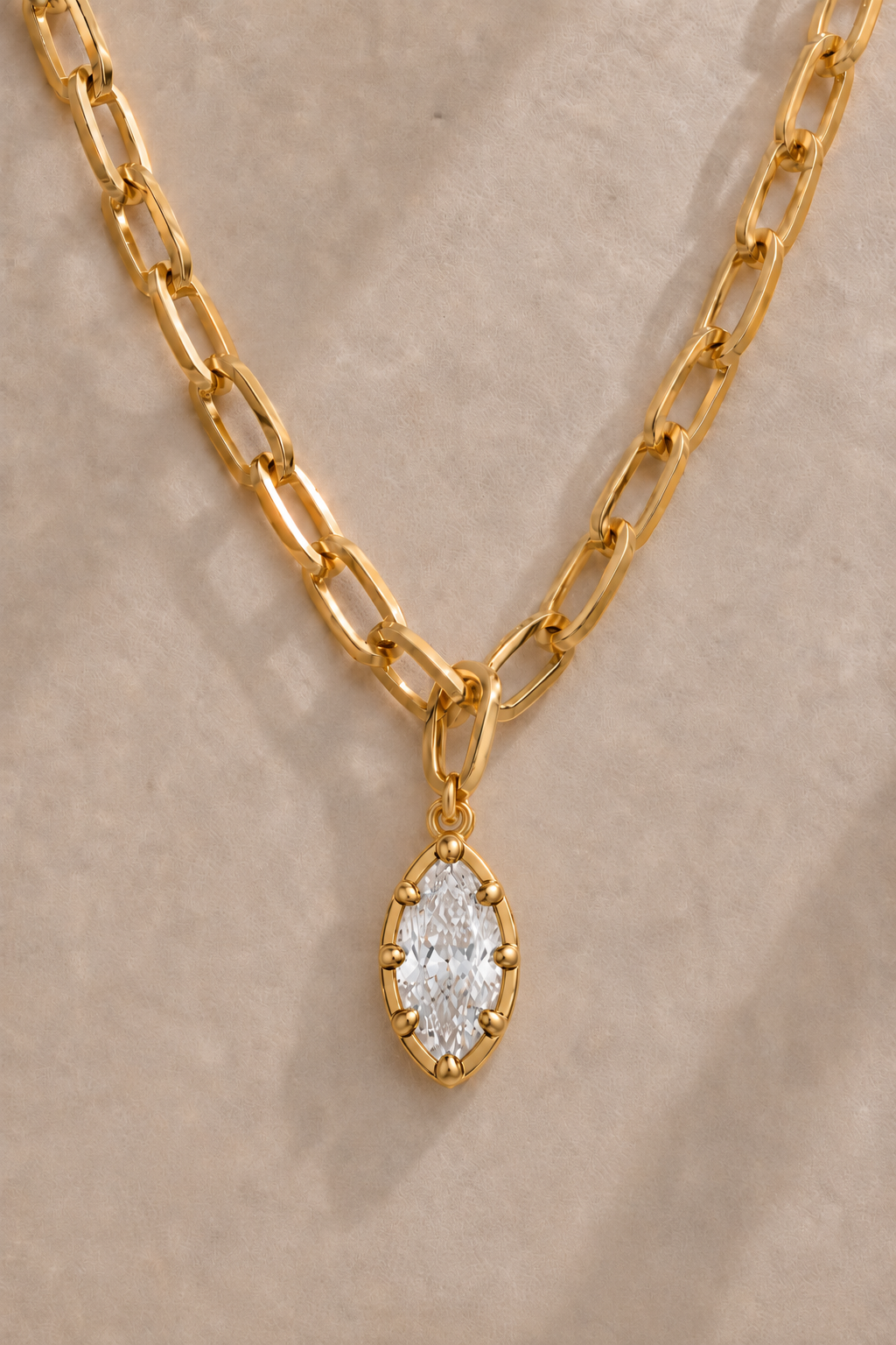 Cara chunky gold paperclip necklace with Vittoria gold marquise crystal charm