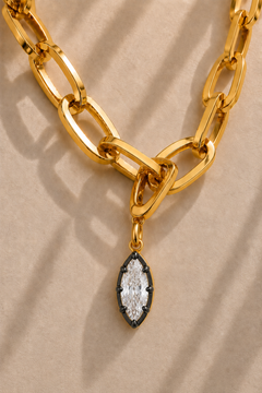 Cara chunky gold paperclip necklace with Vittoria black and gold marquise crystal charm