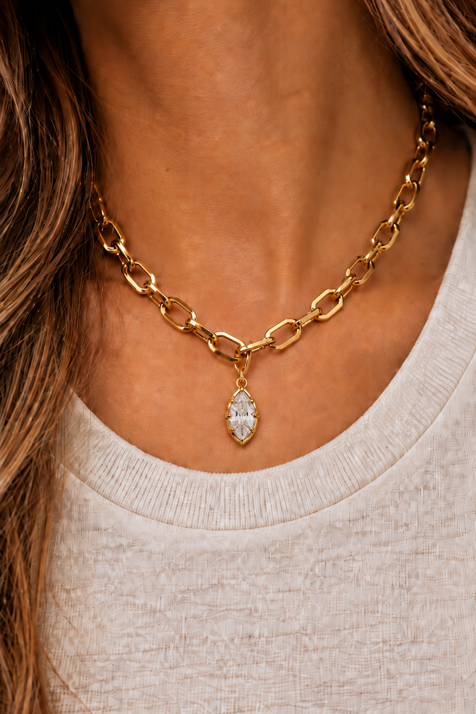 Cara chunky gold paperclip necklace with Vittoria gold marquise crystal charm