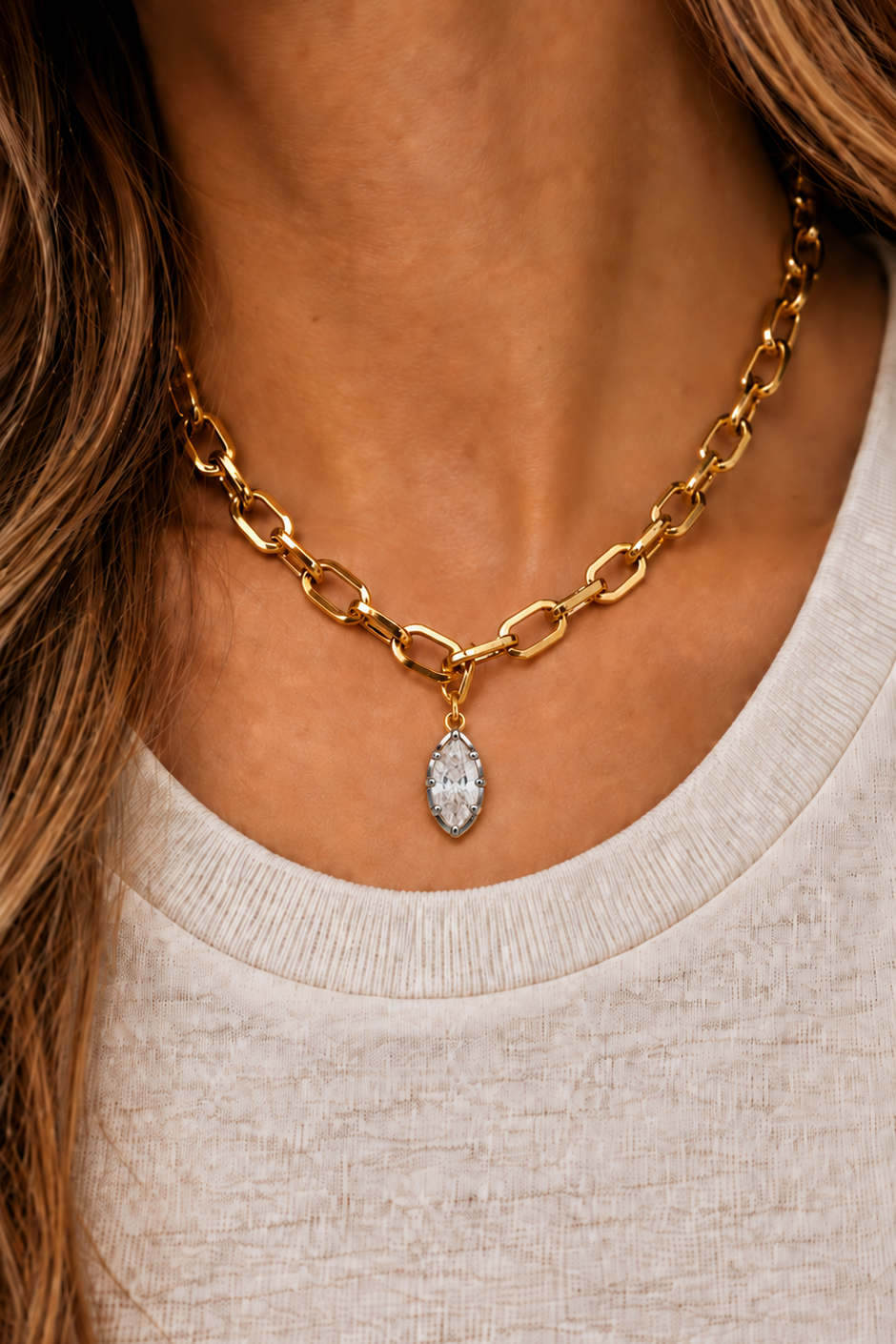Cara chunky gold paperclip necklace with Vittoria silver and gold marquise crystal charm