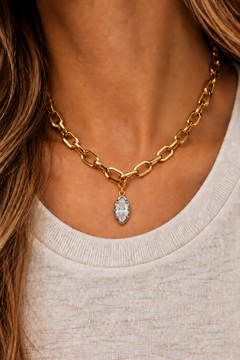 Cara chunky gold paperclip necklace with Vittoria silver and gold marquise crystal charm