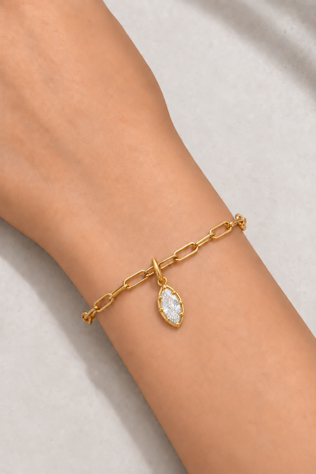 Gold paperclip bracelet with Vittoria gold marquise crystal charm